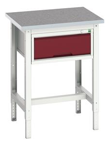 16921601.** verso adj. height workstand with 1 drawer cabinet & lino top. WxDxH: 700x600x780-930mm. RAL 7035/5010 or selected